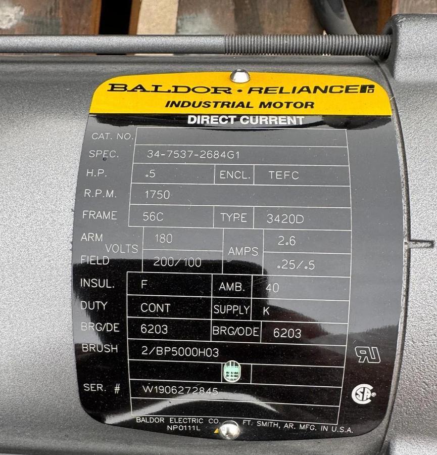 BALDOR DC MOTOR DOUBLE SHAFTED JJ3 .5 HP MODEL 34-7537-2684G1 1750 RPM