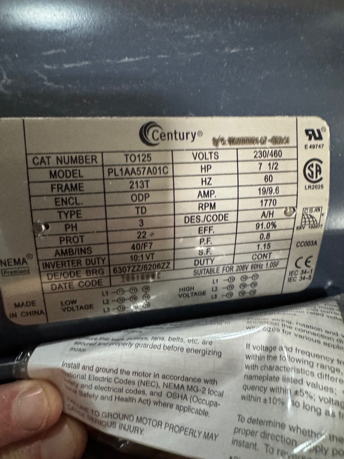 AO SMITH CENTRY Motor 7.5 HP MODEL TO125 VA18A 1768 RPM 230/460 V 21/9.5 AMP 3 P