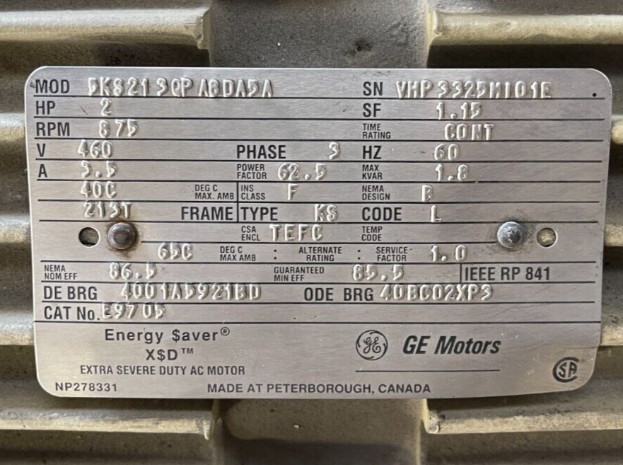 GE 2 HP MOTOR 875 RPM 460 V FRAME 213T 5KS213QPA8DA5A