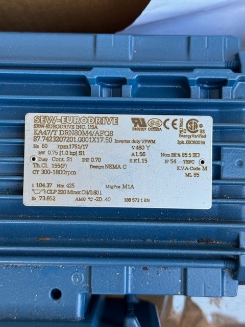 SEW-EURODRIVE GEAR MOTOR WA1 MOD KA47/TDRN80M4/AFQ8 1751 TO 17 RPM 1 HP 460 V