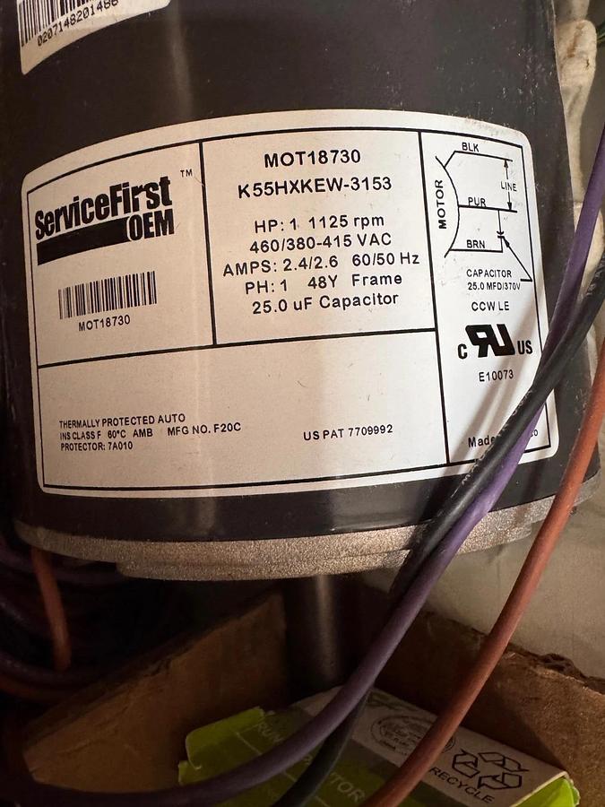 SERVICE FIRST Motor 1 HP MODEL MOT18730  K55HXKEW-3153 ZH11 ZH2 1125 RPM