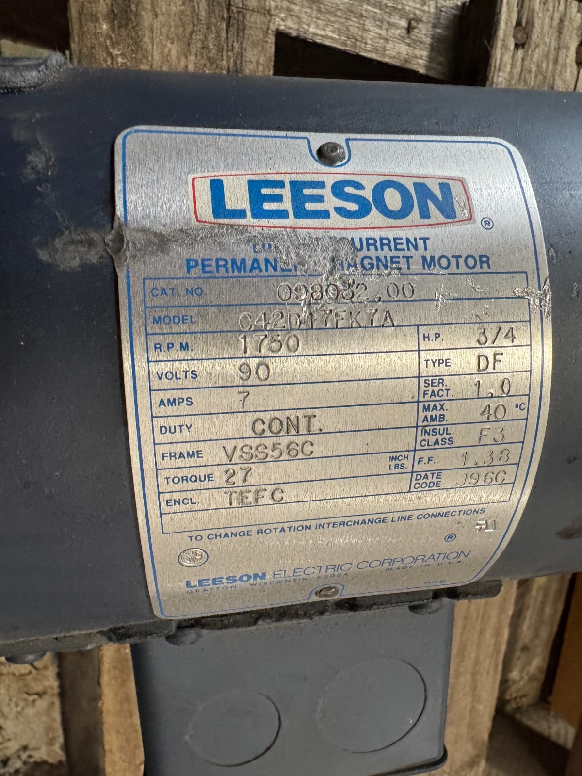 LEESON DC MOTOR UU7 3/4 HP MODEL C42D17FK7A 1750 RPM 90 VDC FR VSS56C