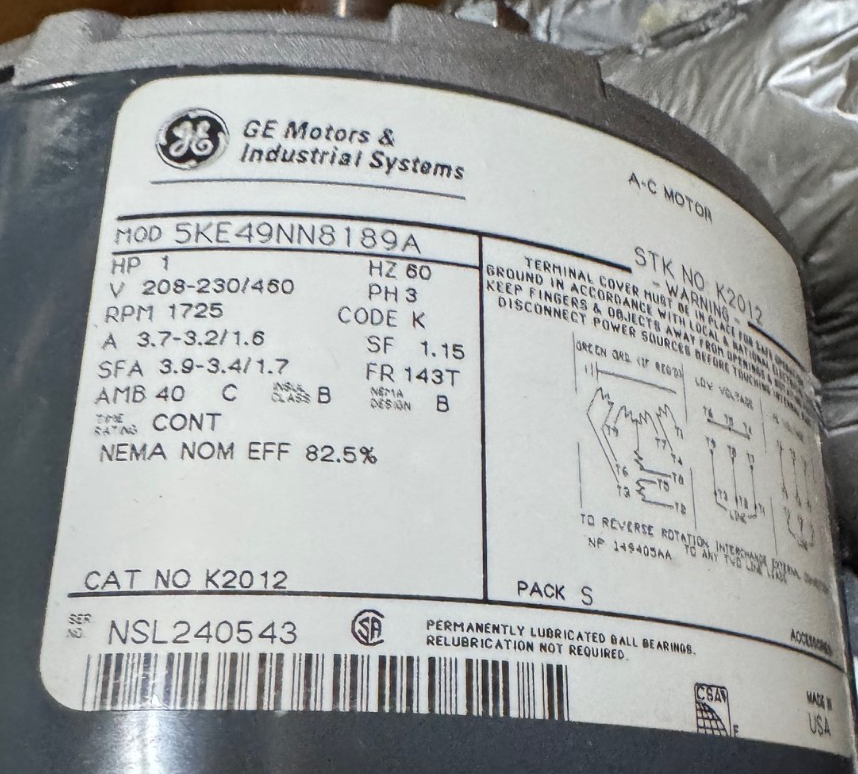 GE 1 HP MOTOR AD5E K2012 5K49NN8189A 1725 RPM 208/230/460 V 3.6/1.9 AMP FR 143T
