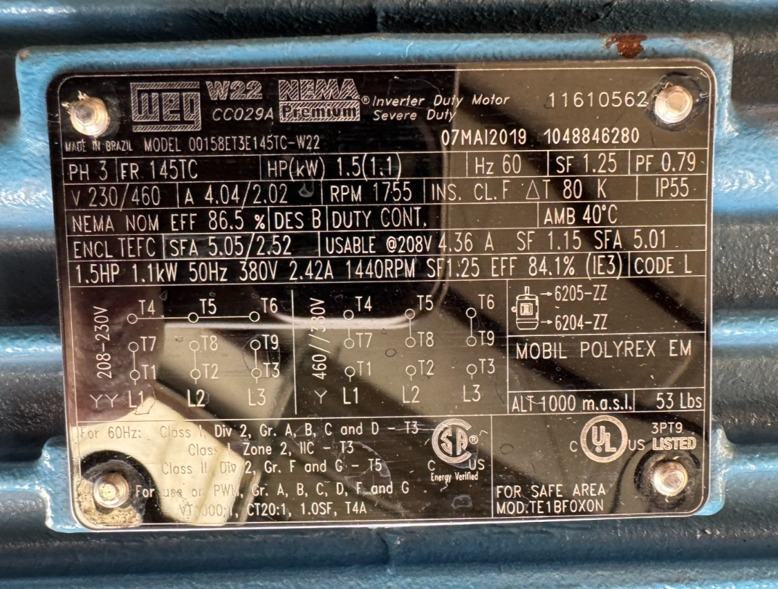 WEG MOTOR VV7 11/2 HP MODEL 00158ET3E145TC 1755 RPM 230/460 V 4.04/2.02 AMP 3PH