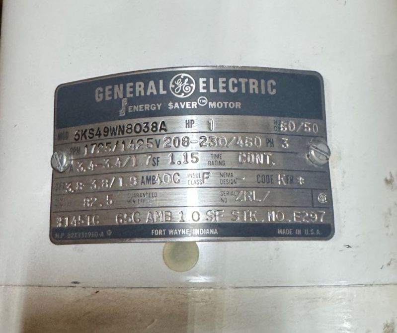 GE 1 HP MOTOR AD5F E297 5KS49WN8038A 1725/1425 RPM 208/230/460 V 3.4/1.7 A 145TC