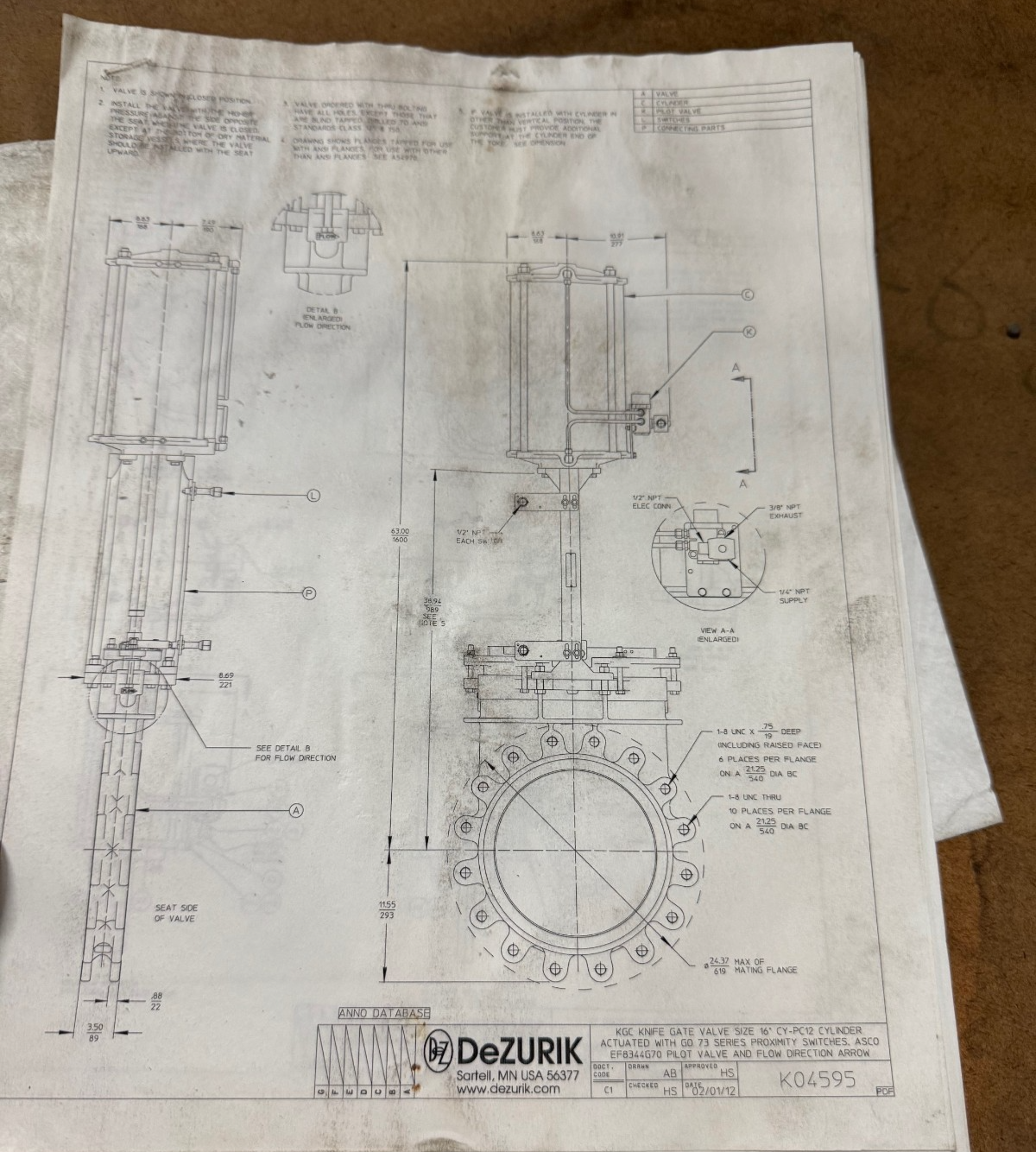 DEZURICK 16" 150 LUG KNIFE GATE VALVE VA8 9 316 SS BODY AND WEDGE WITH ACTUATOR