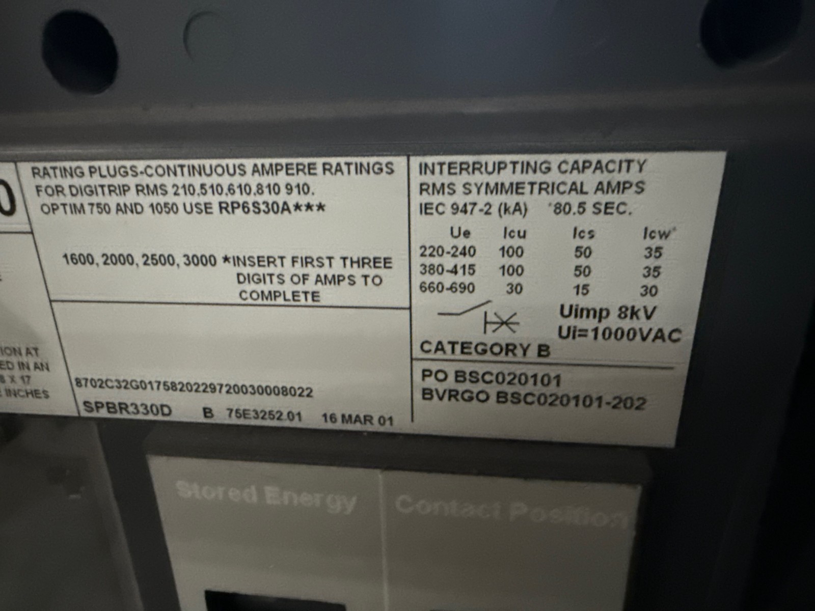 Refurbished BREAKER CUTLER-HAMMER SPB-100 MODEL SPBR330R 3000 AMP BREAKER 3000 AMP TRIP PLUG
