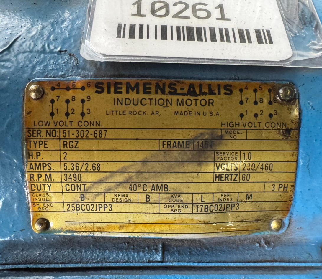 SIEMENS-ALLIS MOTOR 2 HP CC7 MODEL RGZ 230/460 3490 RPM 5.36/2.68 AMP FRAME 145T