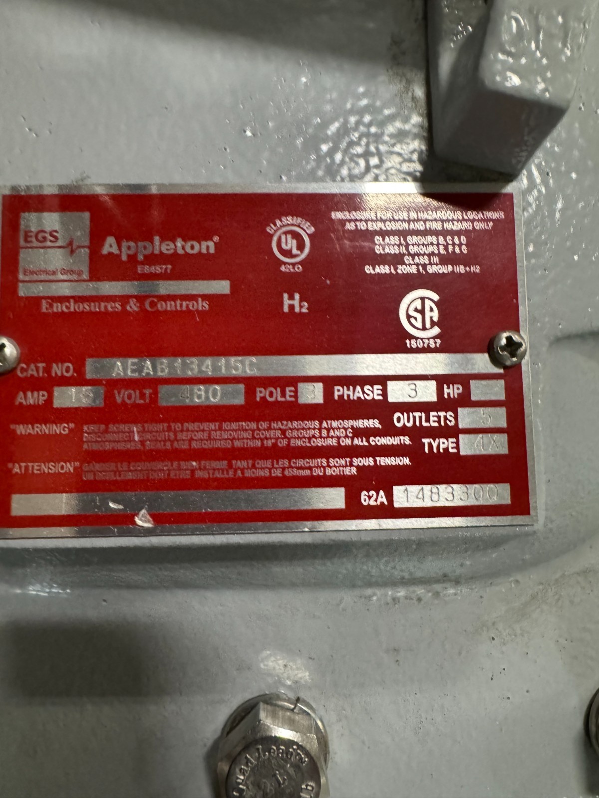 APPLETON EGS EXPLOSION PROOF BREAKER V62 15 AMP 480 V 3 POLE 3 PH AEAB13415C