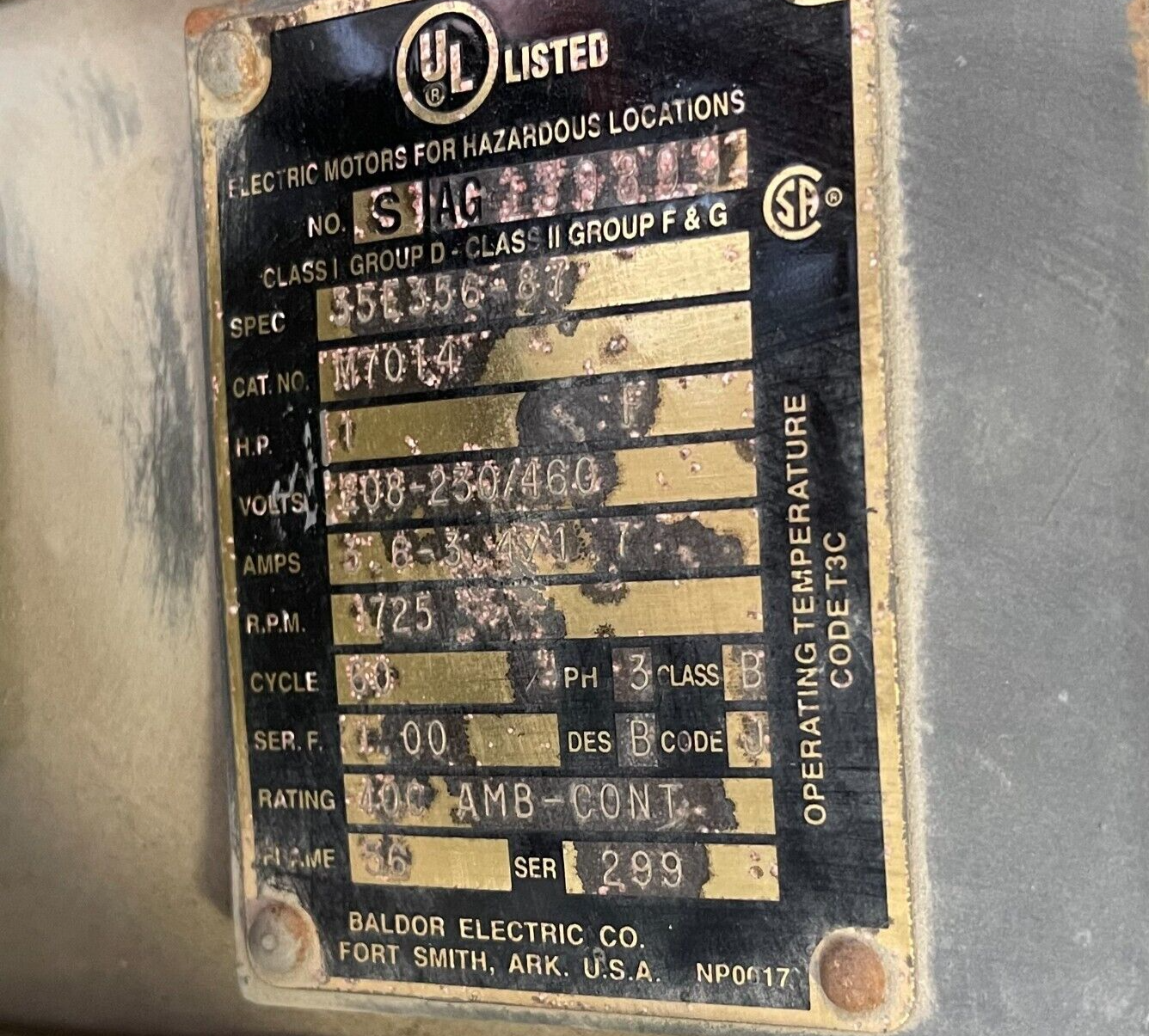 BALDOR MOTOR 1 HP 208/230/460 V 1725 RPM FRAME 56 M7014