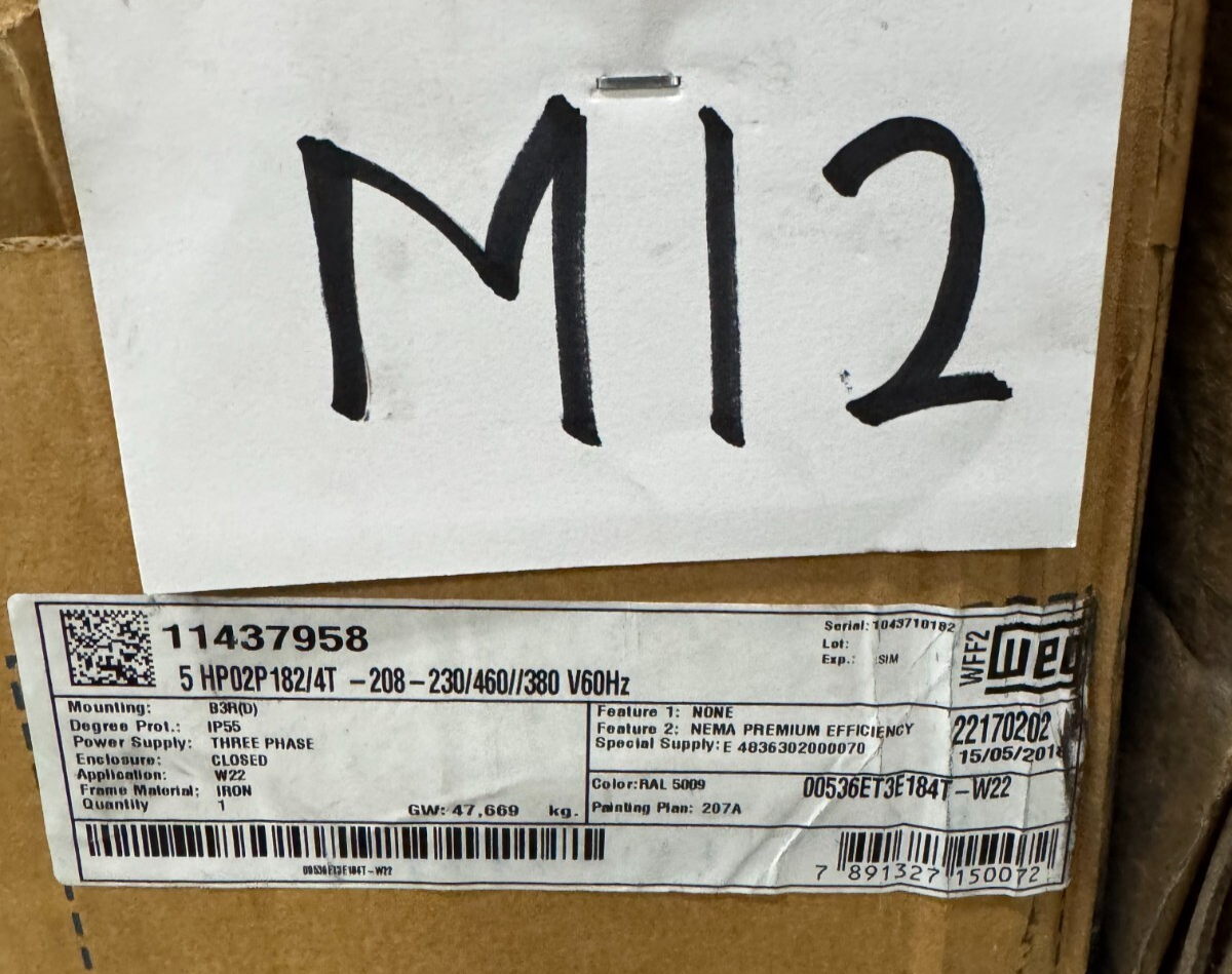 WEG MOTOR M12 5HP MODEL 00536ET3E184T-W22 3485 RPM 230/460 V 11.8/5.9  AMP 3PH 1