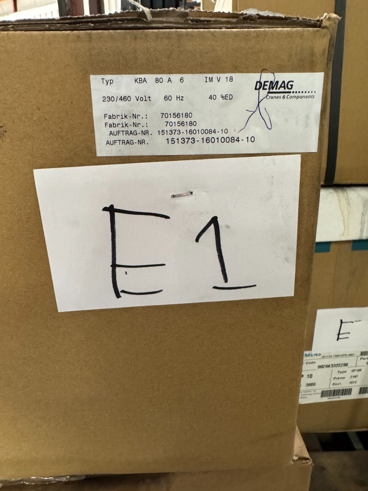 DEMAG CRANE MOTOR E1  .96 HP E1 MODEL KBA80A6 1100 RPM 230/460 V 6.1/3 AMP 3 PH