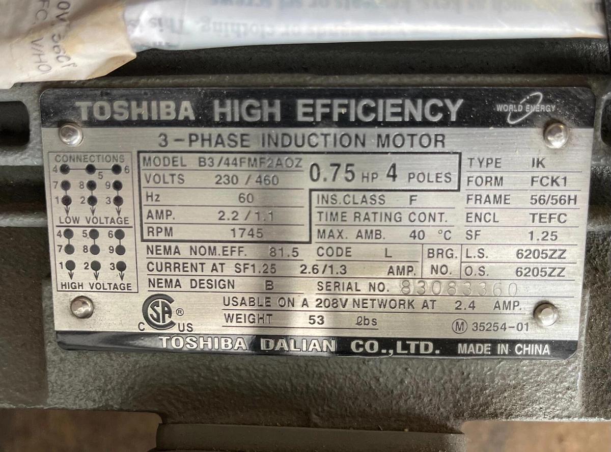 TOSHIBA 3/4 HP INDUCTION MOTOR B3/44FMF2AOZ 230/460 V 1745 RPM