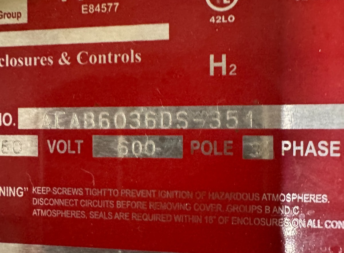 APPLETON EGS EXPLOSION PROOF BREAKER V56 V65 60 AMP 600 V 3 POLE 3 PH AEAB6036DS