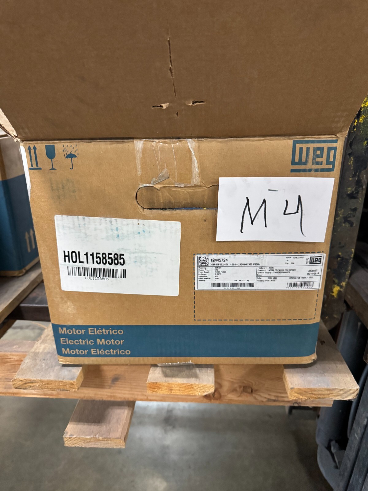 WEG MOTOR M4 3 HP MODEL 00318ET3E182TC-W2 1760 RPM 208-230/460V 3 PH FR182/4TC