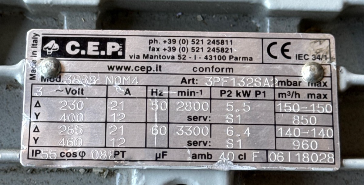 C.E.P. ELECTRIC MOTOR 6 HP MODEL 3SB8 NOM4 1XUB RPM 230/460V 3 PH 5.5/6.4 AMP