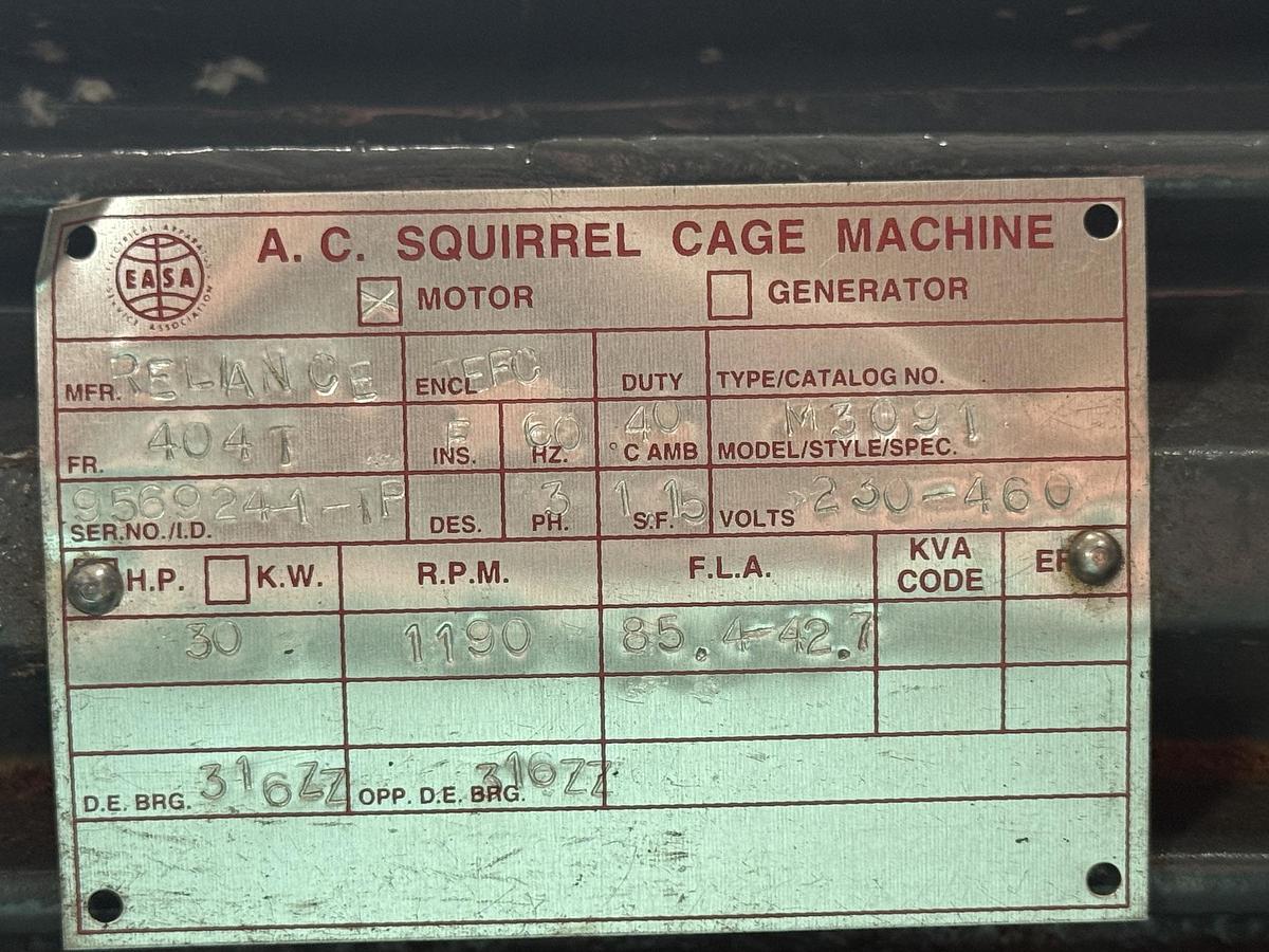 Refurbished RELIANCE AC SQUIRREL CAGE MACHINE MOTOR 30 HP MODEL M3091 2YZ3