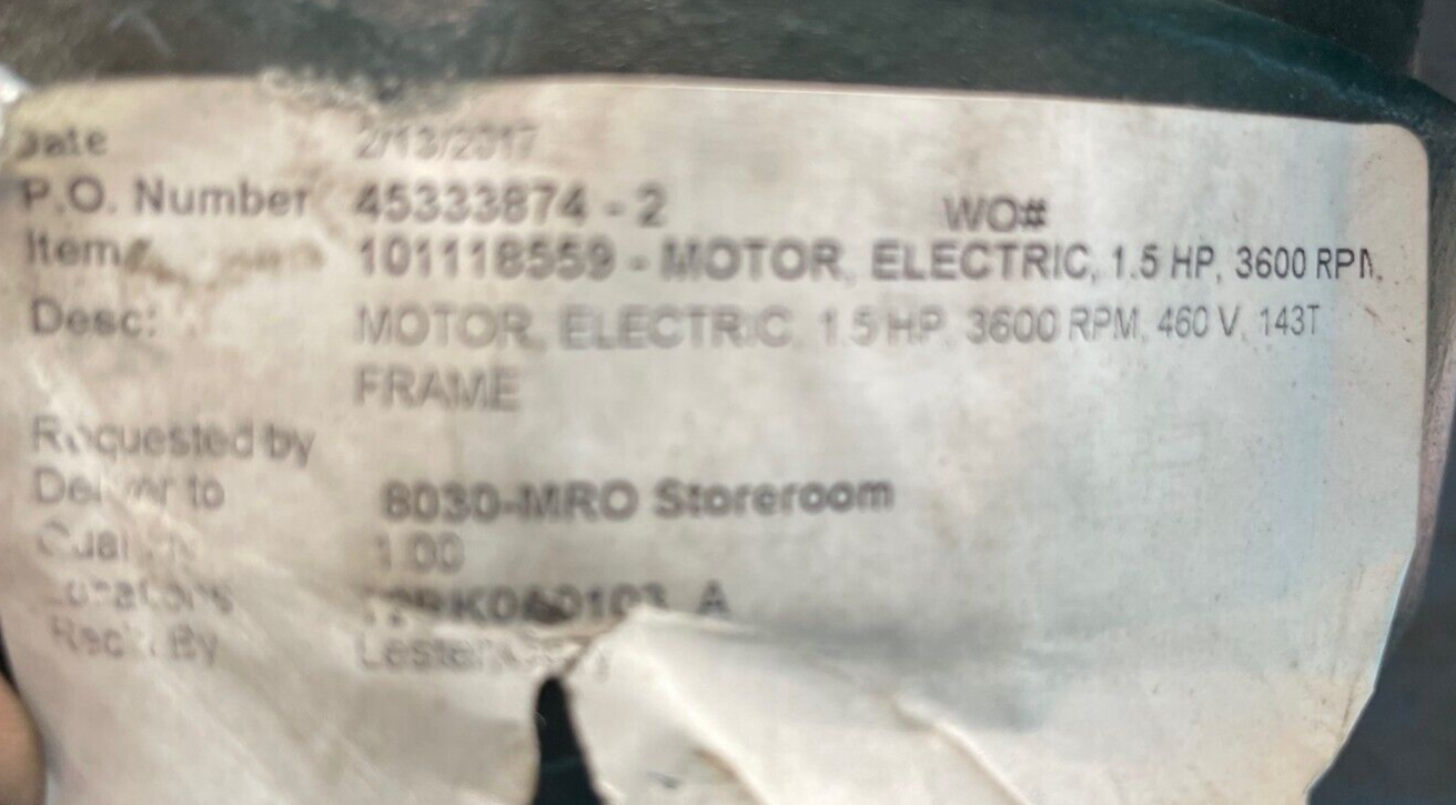 TOSHIBA 11/2 HP MOTOR 3490 RPM 460 V FRAME 143T Y152XSSB41A-P