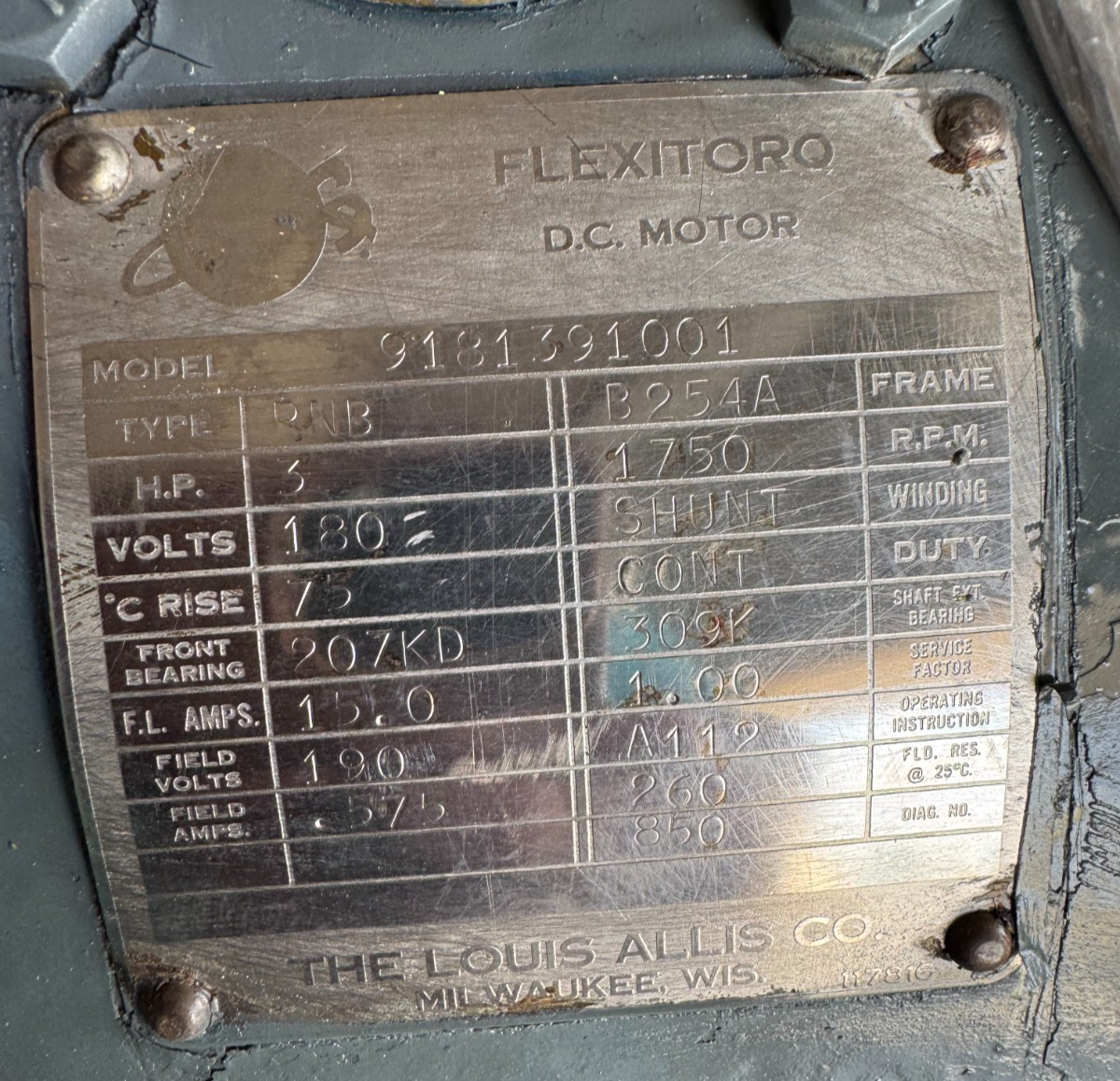 LOUIS ALLIS FLEXITORO DC MOTOR XX1 3 HP MOD 9181391001 1750 RPM 180 V DC 15 AMP