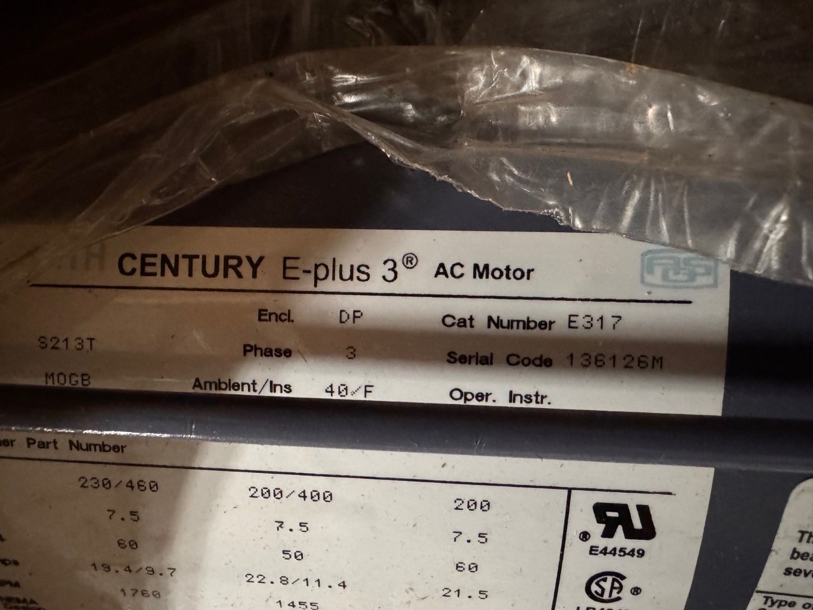 CENTRY E-PLUS 3 Motor 7.5 HP ZF2A  MODEL E317  MOGB ZF2A1760 RPM 200/230/460 V