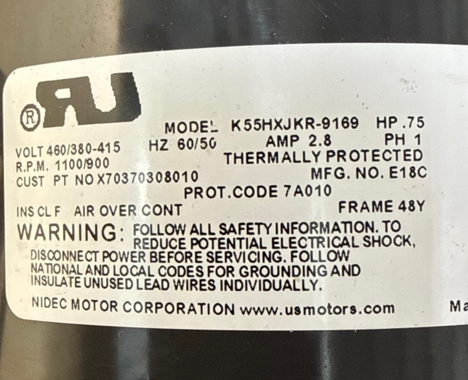 Used SERVICE FIRST Motor 3/4 HP MODEL MOT10512 ZI4 1100/900 RPM 460/380-415 V 2.8 AMP