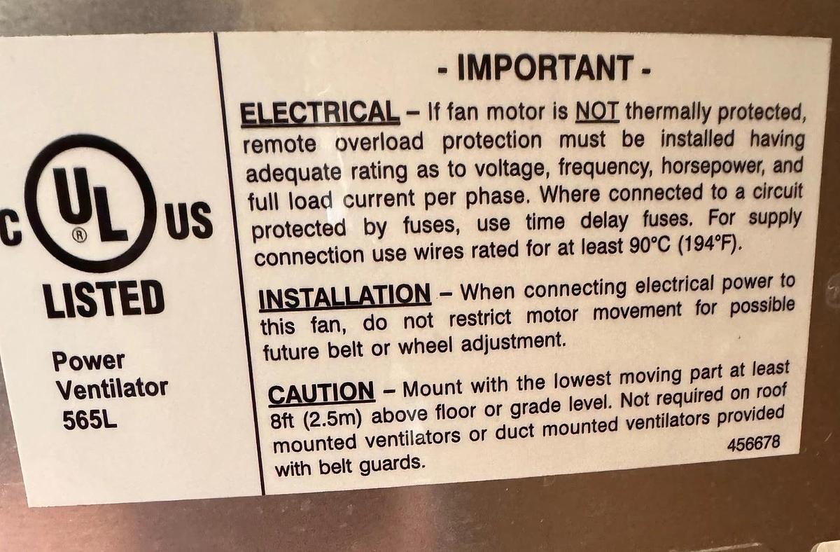 GREENHECK COMMERCIAL EXAUST FAN VA16B MOD CW-200-B-X MARK EF-7 SS