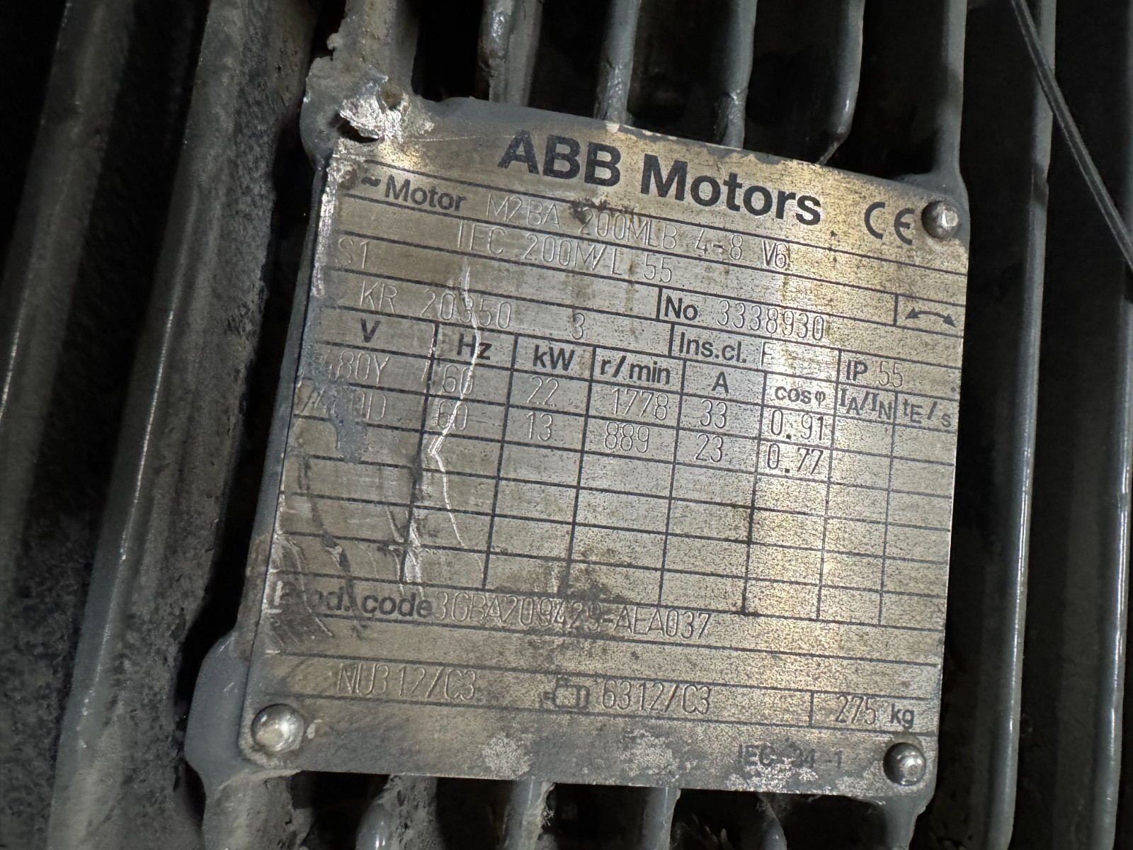 ABB Motor U 30 HP MODEL MB2A 200 MLB 1778/889 RPM 480/230 V 33/23 AMP 3 PH