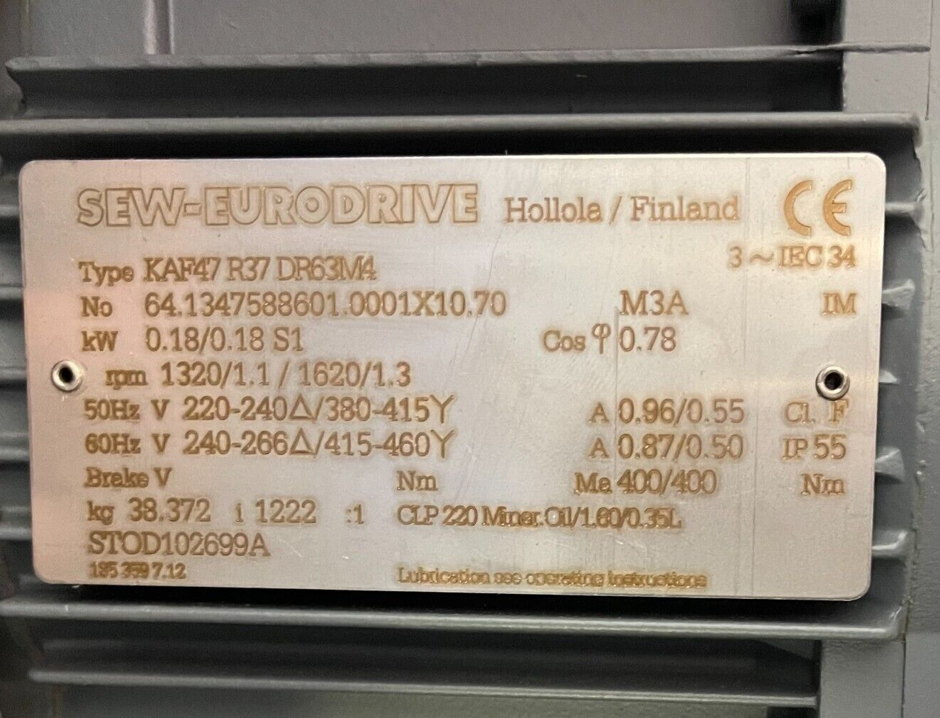 SEW EURODRIVE GEAR MOTOR KAF47 R37 DR63M4 .18 KW 240-266/415-460 V 1320-1620 RPM