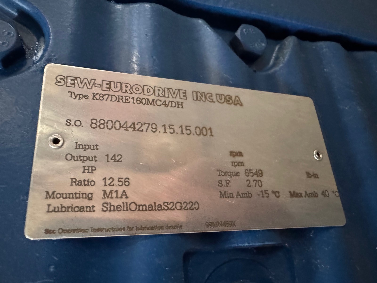 SEW-EURODRIVE GEAR MOTOR 2XD MOD K87DRE160MC4/DH 15 HP 230/460 V 36.5/18,3 AMP