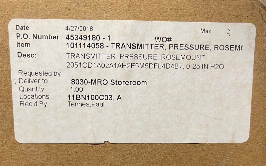 ROSEMOUNT DIFF PRESSURE TRANSMITTER 0-25 IN H20 2051CD1A02A1AH2E5M5DFL4D4B7