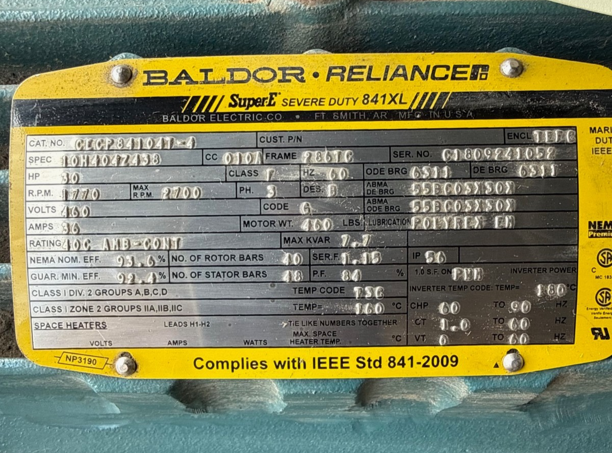 BALDOR SUPER E SEVERE DUTY 841XL MOTOR 30 HP MODEL CECP841041-4 2XWC 2700 RPM 46