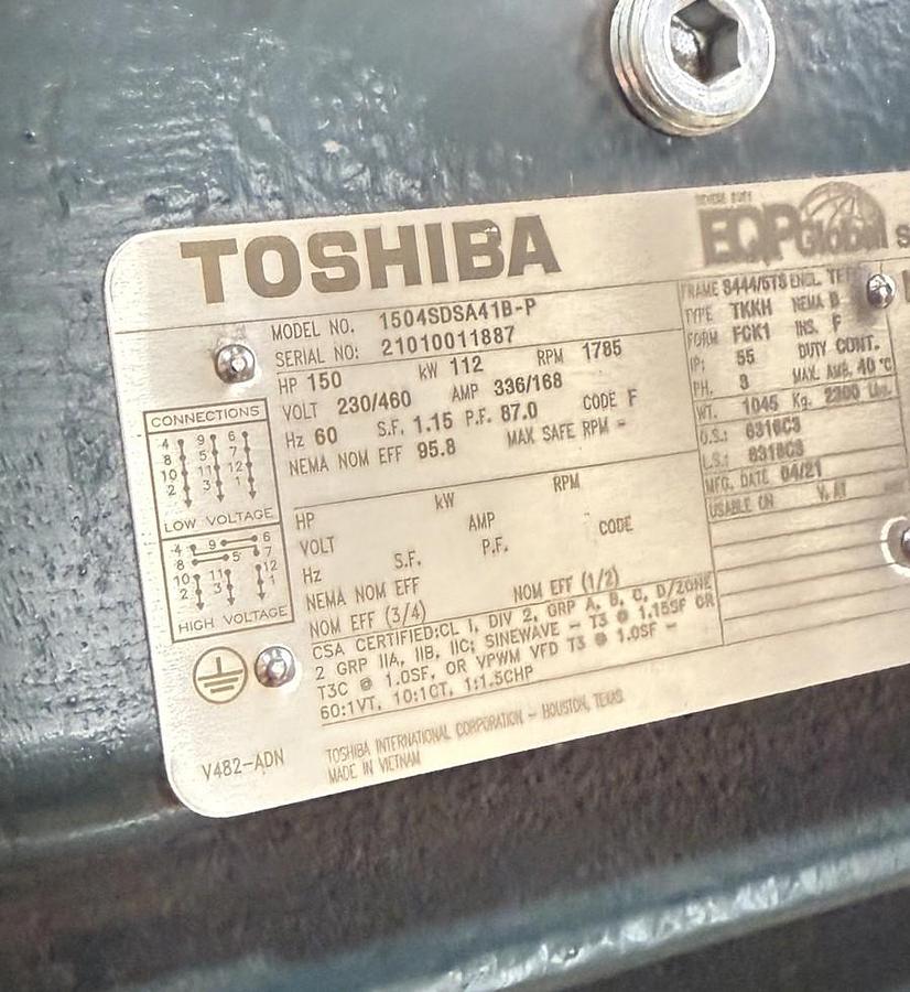 TOSHIBA 150 HP MOTOR MODEL 1504SDSA41B-P 230/460 V 1785 RPM EPQ SEVERE DUTY