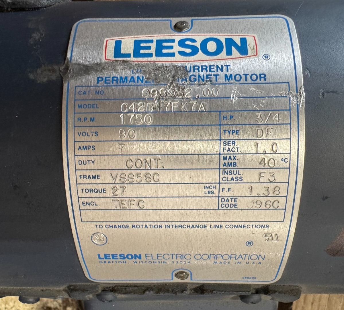 LEESON DC MOTOR UU7 3/4 HP MODEL C42D17FK7A 1750 RPM 90 VDC FR VSS56C