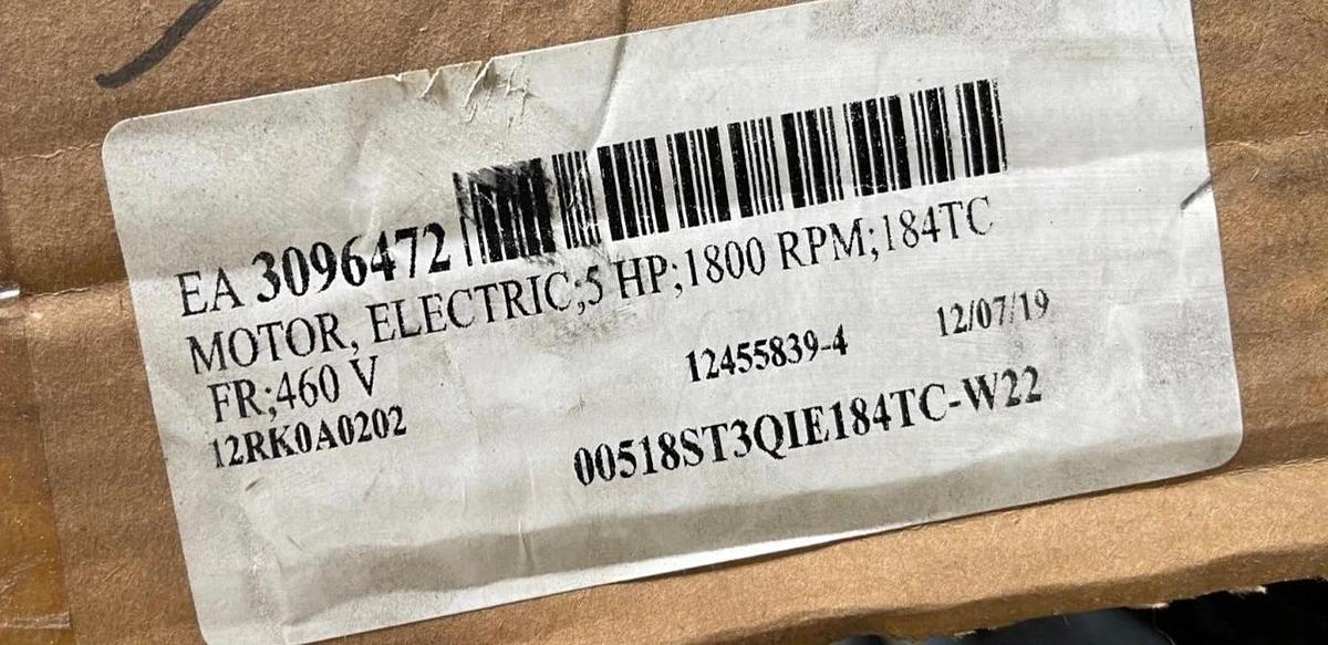 WEG 5 HP ELECTRIC MOTOR 1800 RPM 04P182184TC 460 V 60Hz 00518ST3QIE184TC-W22