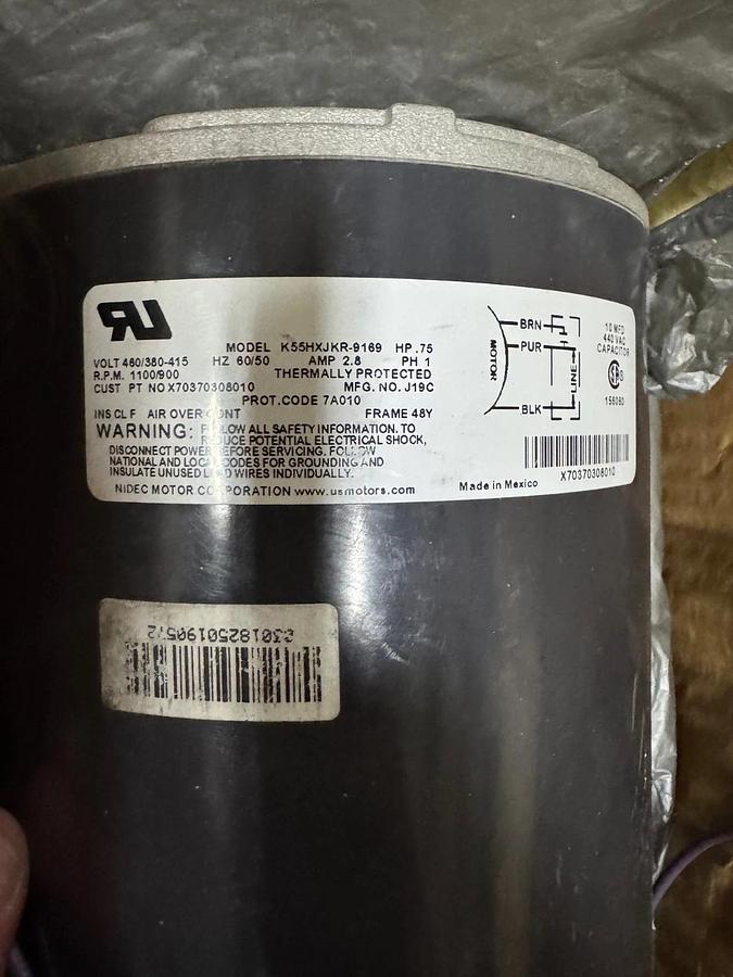NIDEC US MOTORS Motor 3/4 HP MODEL K55HXJKR-9169 VA11D 1100/900 RPM 480/380-415