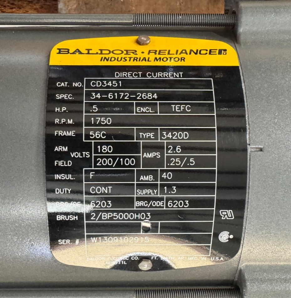 BALDOR DC MOTOR UU3 1/2 HP  CD3451 1750 RPM 180 VDC 2.6/.25/.5AMP 3 PH FR 56C