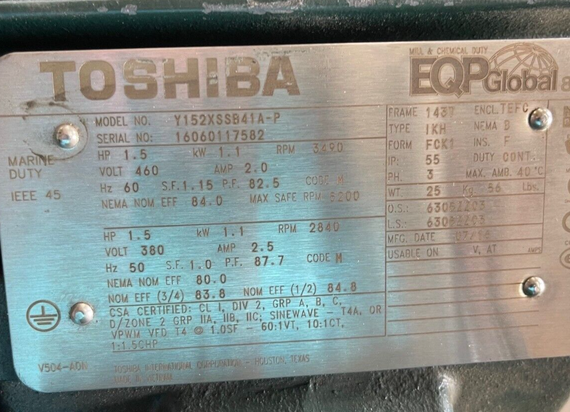 TOSHIBA 11/2 HP MOTOR 3490 RPM 460 V FRAME 143T Y152XSSB41A-P
