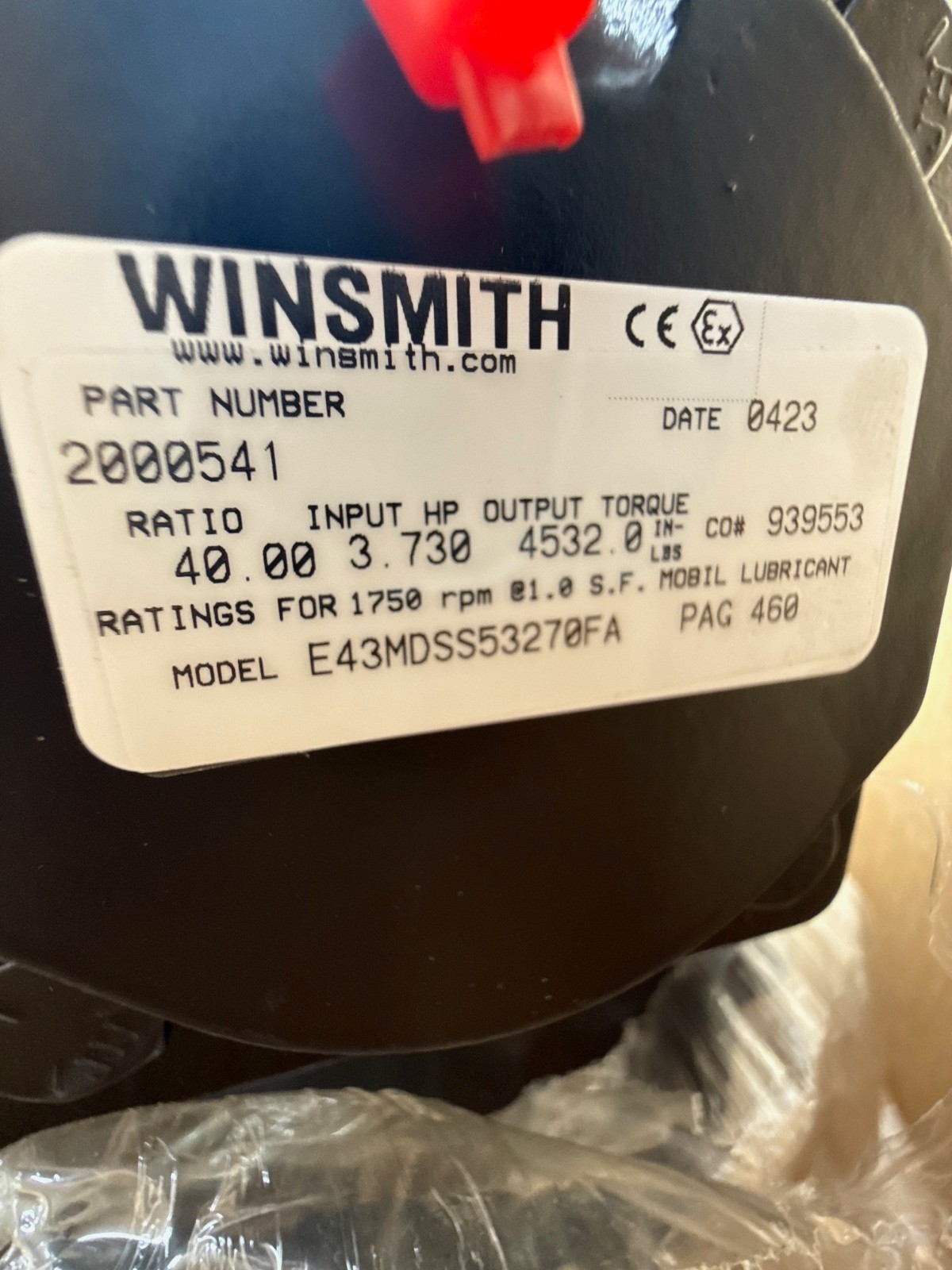 SE ENCORE WINSMITH GEAR REDUCER 1XNC MOD EM43DSS53270FA 1750 RPM IN 40 TO 1 RATI