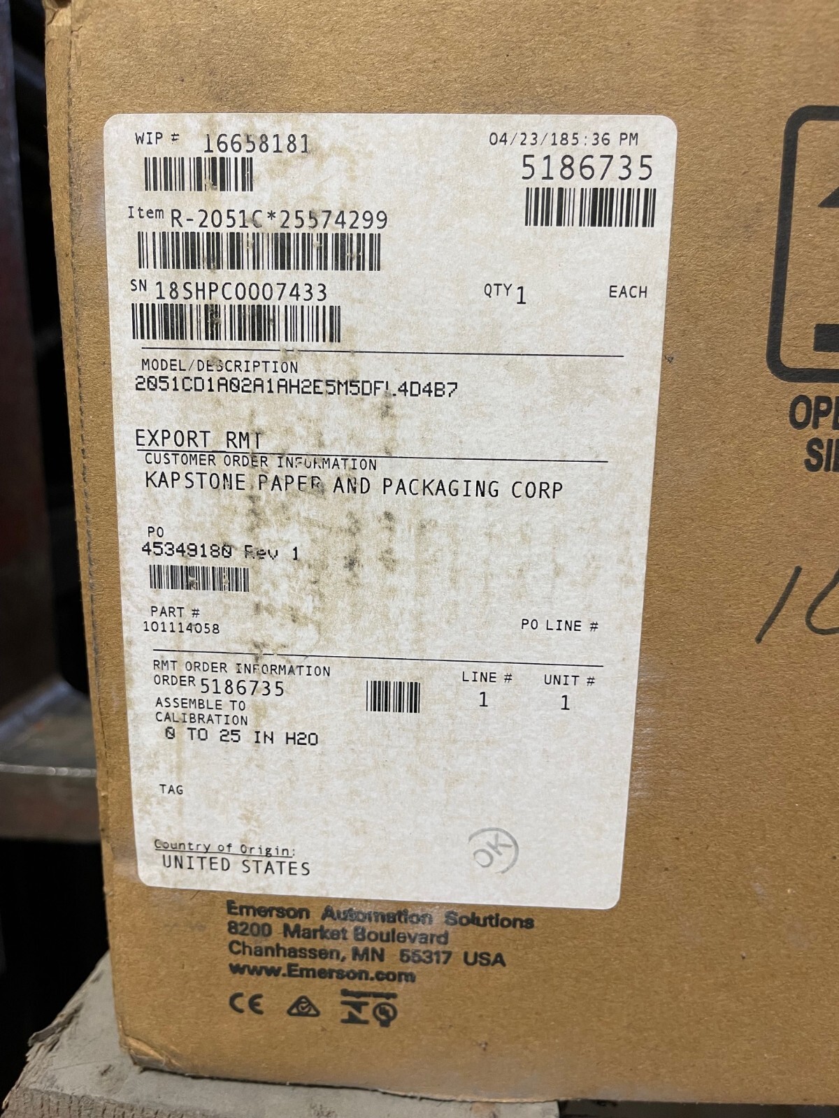 ROSEMOUNT DIFF PRESSURE TRANSMITTER 0-25 IN H20 2051CD1A02A1AH2E5M5DFL4D4B7