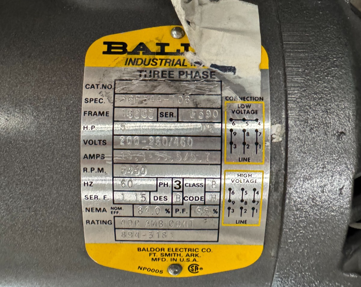 BALDOR MOTOR Y4 5HP MODEL 36F544-106 3460 RPM 200-230/460V 3PH 13.4-11.5/5,7 AMP