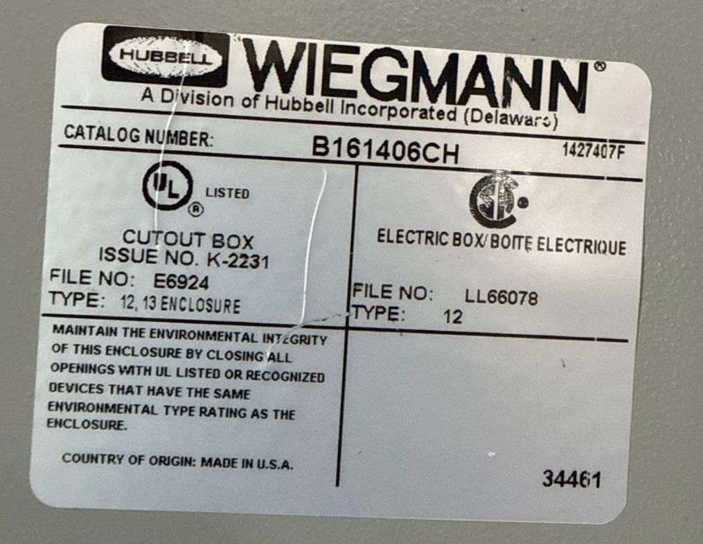 WIEGMANN ENCLOSURE MODEL B161406CH 16' X 14' X 6' AD10B STEEL JIC ENCLOSURE