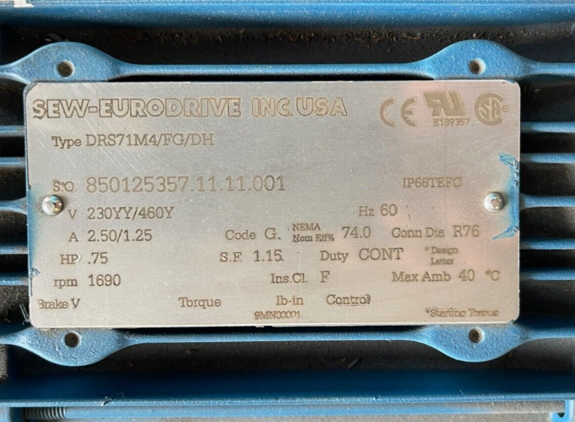 Sew Eurodrive GEAR MOTOR .75 HP 230/460 1700/293 RPM DRS71M4/FG/DH
