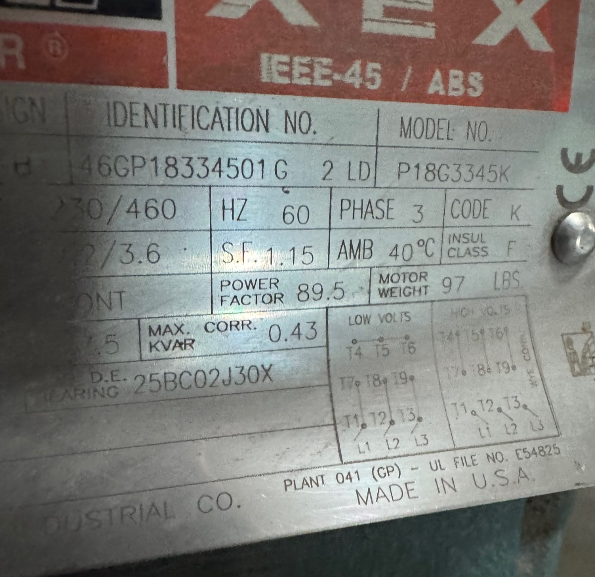 RELIANCE DUTY MASTER Motor 3 HP MODEL 46GP18334501G2LD VA18E 3520 RPM