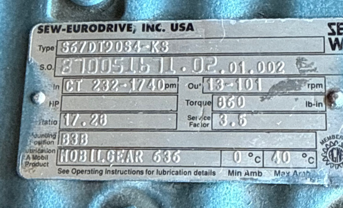 SEW-EURODRIV GEAR REDUCER 1XQK MOD S67/DT90S4-KS 232/1740 TO 13/101  RPM