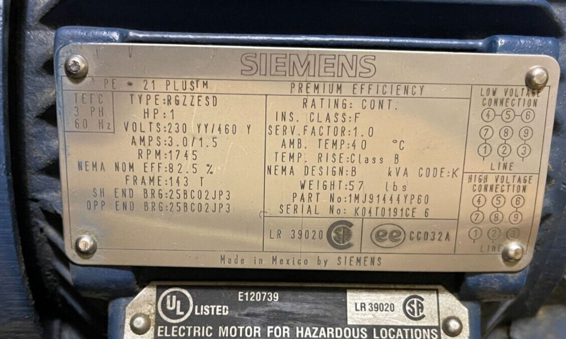 Motor 1 HP Electric Motor NEMA PREMIUM PE 21+ Siemens RGZZESD 230/460 V 3 PH