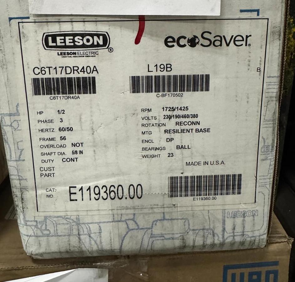 LEESON MOTOR N6 1/2 HP E119360.00 1725/1425 RPM 230/190/460/380 V  3 PH FR 56
