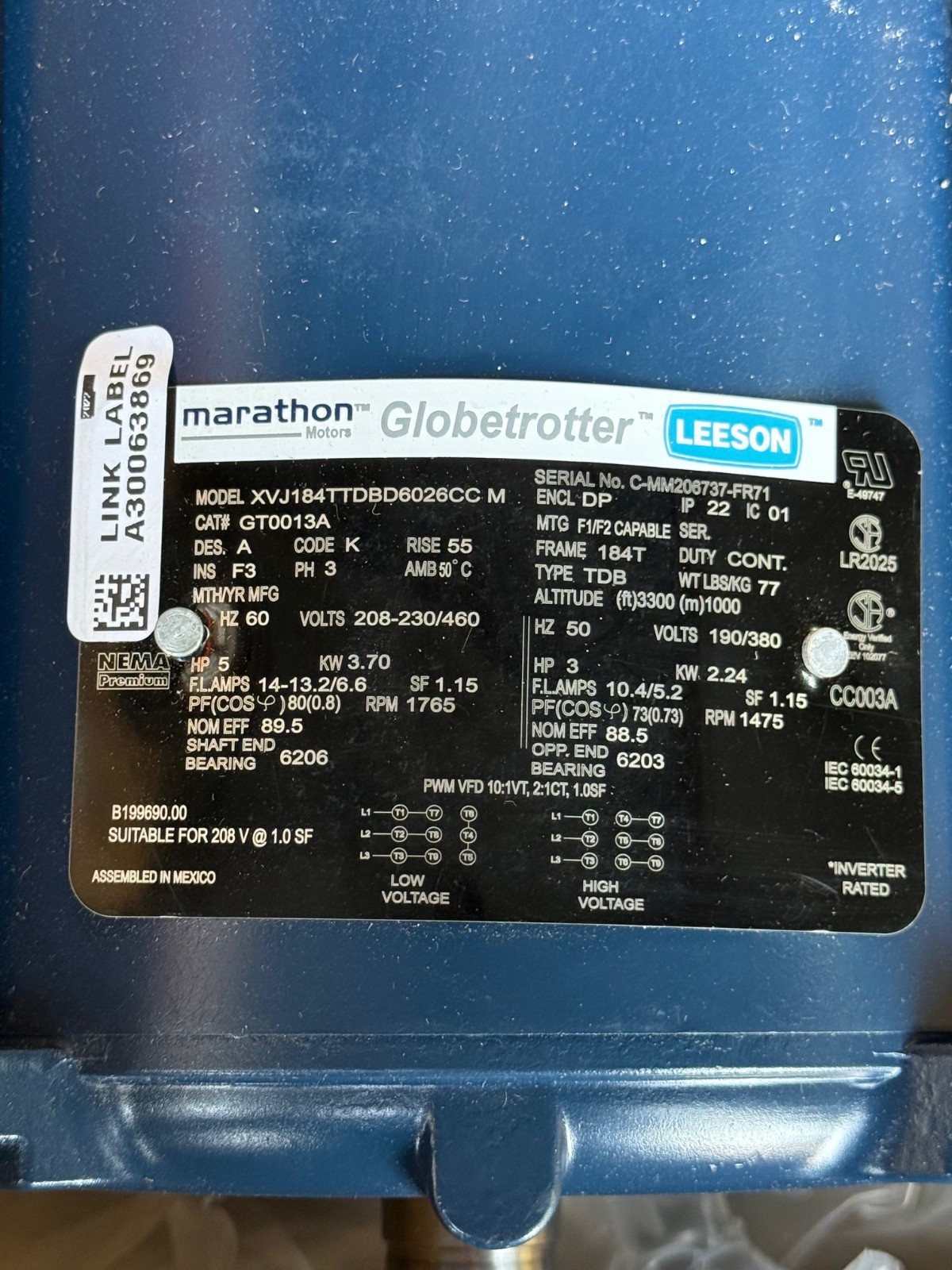 LEESON GLOBETROTTER MOTOR 5 / 3 HP  ZU2 MODEL GT0013A ZU2 1760/1475 RPM 230-460