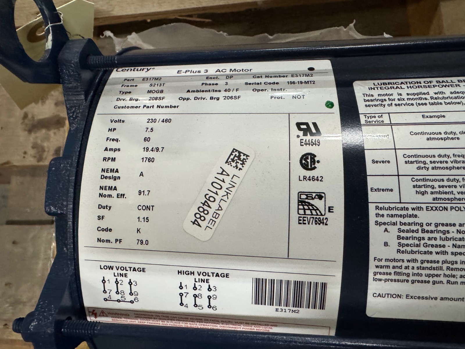 AO SMITH CENTRY E PLUS 3 Motor 7.5 HP MODEL E317M2 VA11A1 VA11C 760 RPM 230/460