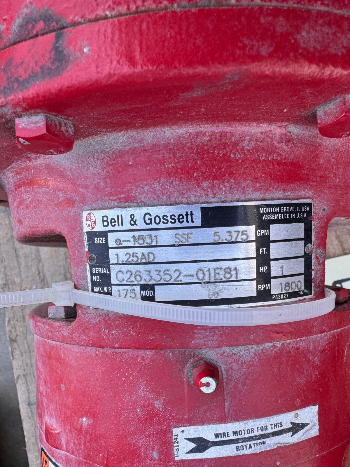 BELL & GOSSETT PUMP 1.25" X 5.375" IMP ZN7 & 9 E-1531 1 HP 1800 RPM 175 PSI