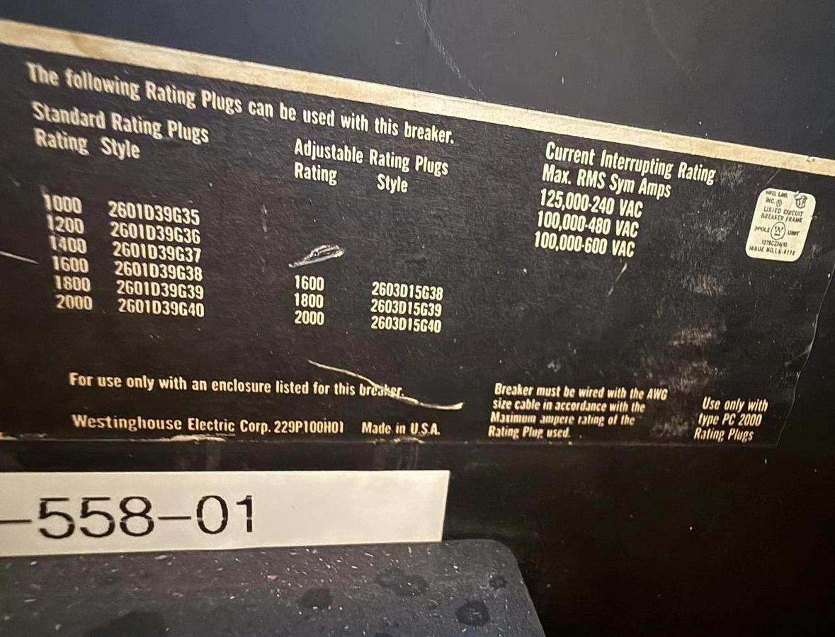 Refurbished Westinghouse 2000 AMP BREAKER PC32000FCSN 2YV5 600 3 POLE V 60 HZ 2KA PC 2000